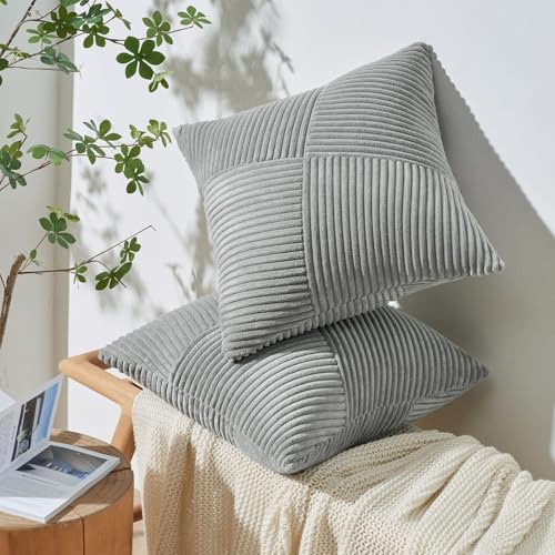 Topfinel Set of 2 LightGrey Decorative Throw Pillow Covers 18x18 Inch for Couch Sofa Bed, Farmhouse Boho Rustic Home Decor,Soft Corduroy Windmill Textured Striped Patchwork Cushion Cases - color: Lightgrey, size: 18" x 18" (Pack of 2)