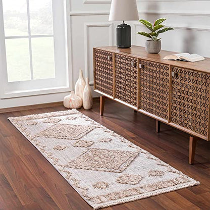 Hauteloom Aria Modern Moroccan Medallion Farmhouse Hallway, Entryway Runner Rug - High Low - High Pile Long Carpet - Cream, Beige, Brown, Beige - 2'7" x 7'3" - color: Charcoal, Cream, Beige / Ampusungan, size: 2'8" x 7'3" (Runner)