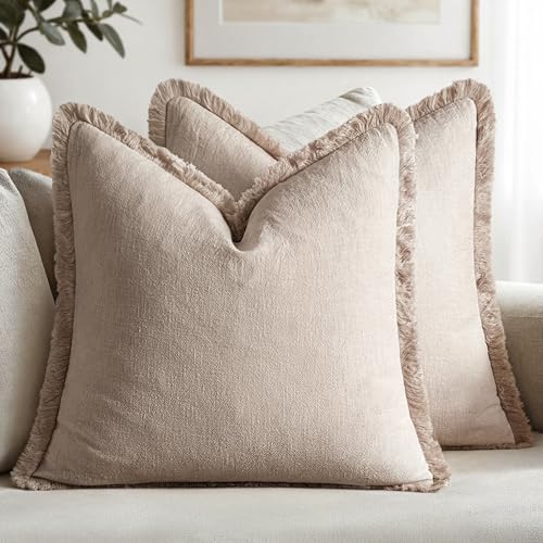 MIULEE Boho Natural Linen Fringe Decorative Throw Pillow Covers 16x16 - color: Natural Linen, size: 16" x 16" (Pack of 2)