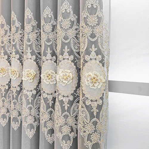 Amidoudou 1 Pair European Double Layer Curtains with Valance for Living Room Bedroom Luxury 3D Flower Embroidered Curtains (Grey,51x96 Inch) - color: Grey, size: 51"W x 96"L (Pack of 2)