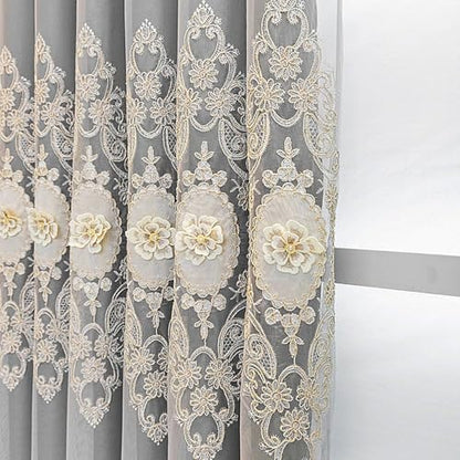 Amidoudou 1 Pair European Double Layer Curtains with Valance for Living Room Bedroom Luxury 3D Flower Embroidered Curtains (Grey,51x96 Inch) - color: Grey, size: 51"W x 96"L (Pack of 2)
