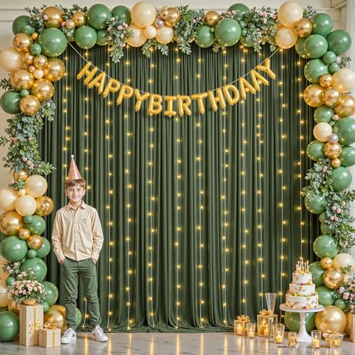 10 x 10ft Olive Green Backdrop Curtains with Lights String - color: Olive Green, size: W5' x H10'(2 panels)
