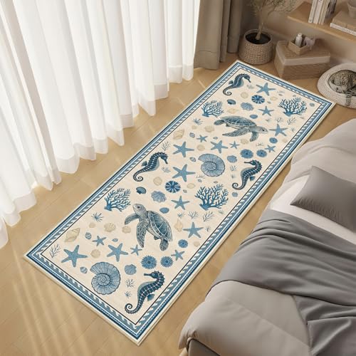 Coastal Nautical 2x6 Runner Rug for Hallway Kitchen Bedroom Sea Turtle - color: Coastal, size: 2' x 6' (Rectangular)