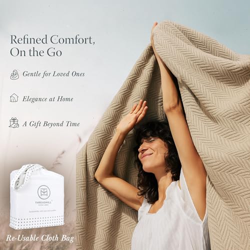 Threadmill Luxury 100% Cotton Twin Herringbone Blanket, Beige - color: Beige, size: Twin (68" x 92")