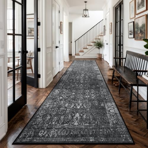 Morebes Black Vintage Carpet Runners for Hallway 12ft,Washable Long Runner Rug for Kitchen Indoor Floor Non-Slip,Distressed Super Soft Throw Carpet for Entryway Bathroom Dining Room Playroom - color: Black/Multi, size: 2.5' x 12' (Runner)