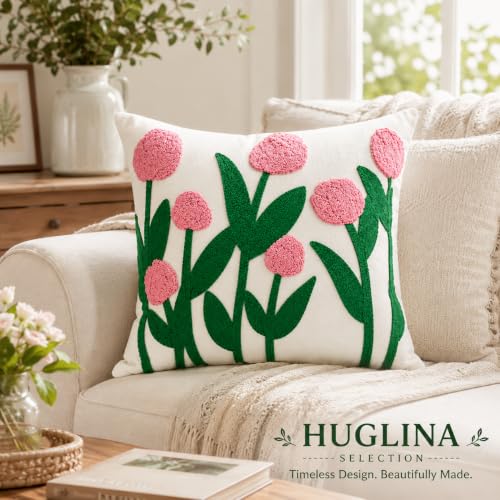 SELECTION Embroidered Floral Throw Pillow, 18x18 Inch Decorative Pillow with Insert Included, Ivory White Woven Canvas Cushion, Pink Flower Embroidery, Hidden Zipper, Farmhouse Boho Home Decor