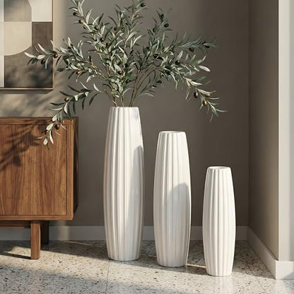 White Tall Ceramic Floor Vase, 28 Inch, Ribbed Drum Design - color: Vertical Stripes, size: Height-28 Inch