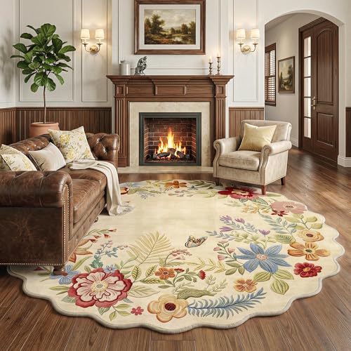 FMFUNCTEX 5ft Round Washable Beige Boho Scalloped Area Rug for Living Room - color: Beige, size: 5' (Round)