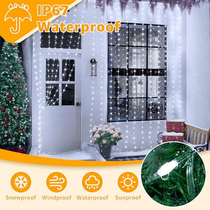 Ollny Curtain Lights 600LED 19.7ft x 9.8ft, IP67 Waterproof (Cool White) - color: Cool White, size: 19.7ft