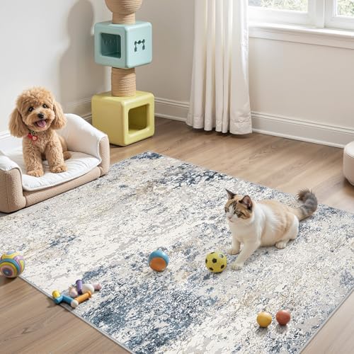 DMOYEST Area Rug Living Room Rugs 4x6 Washable Abstract Beige Blue Carpet - color: Beige Blue, size: 4' x 6' (Rectangular)