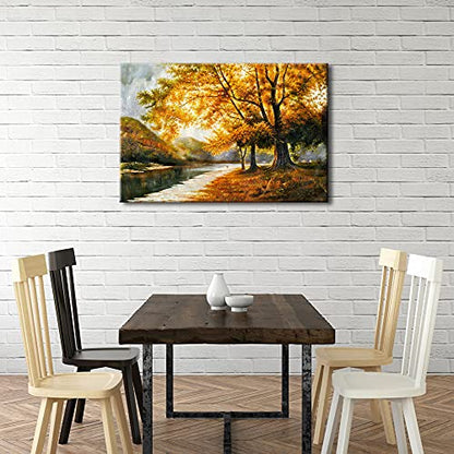 Wieco Art Giclee Canvas Prints Wall Art by Oil Paintings Reproduction Large Contemporary Autumn Trees Pictures for Living Room Bedroom Home Decorations Modern Wrapped Landscape Forest Artwork