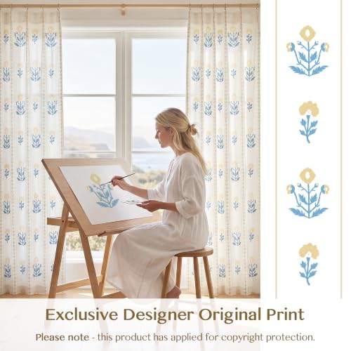 THREE GIRLS Yellow Printed Pinch Pleat Curtains 84 Inch Long, Light Filtering Linen Blend Farmhouse Pleated Drapes, Semi Sheer Curtains for Living Room Bedroom Dining Room, 40W x 84L, Set of 2 - color: Yellow Linen, size: 40"W x 84"L (Pack of 2)