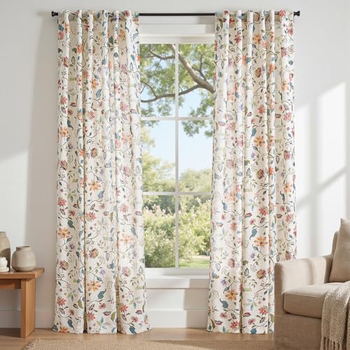 jinchan Beige Floral Linen Curtains 84 Inch Farmhouse Back Tab 2 Panels - color: Hattie Beige, size: 50"W x 84"L (Pack of 2)