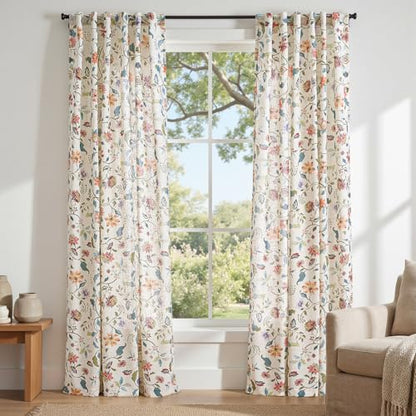 jinchan Beige Floral Linen Curtains 84 Inch Farmhouse Back Tab 2 Panels - color: Hattie Beige, size: 50"W x 84"L (Pack of 2)