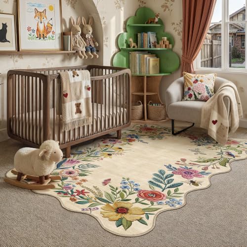 3x5 Floral Beige Scalloped Area Rug - color: Scalloped | Beige, size: 3' x 5' (Rectangular)