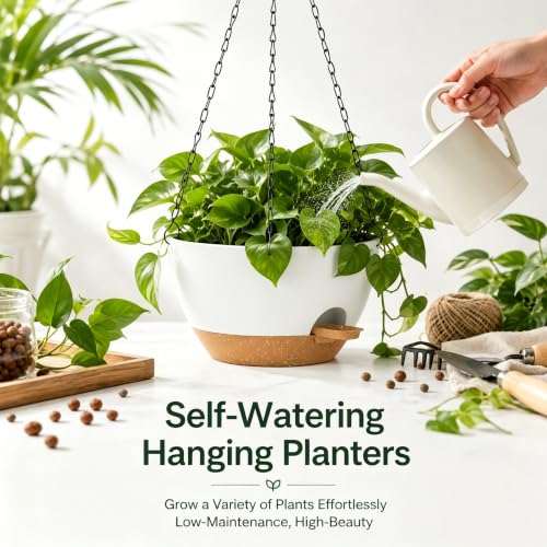 2 Pack 12 Inch Self‑Watering Hanging Planters Plant Pots, White‑Brown - color: White Brown