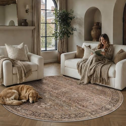 Schweek 6ft Round Rug Brown Washable Non-Slip Circle Area Rugs for Bedroom - color: Brown, size: 6' (Round)