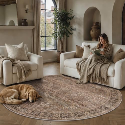 Schweek 6ft Round Rug Brown Washable Non-Slip Circle Area Rugs for Bedroom - color: Brown, size: 6' (Round)