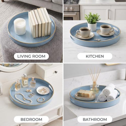 Spsyrine 13 Inch Dusty Blue Round Plastic Serving Tray with Handles - color: Pure Blue