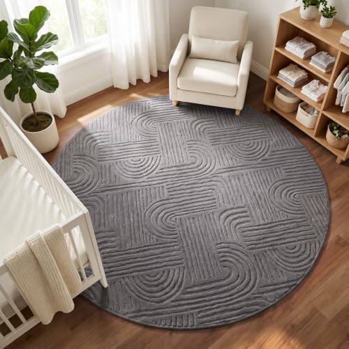 Etwel 6.5 ft Dark Gray Geometric Textured High-Low Pile Washable Round Rug - color: Dark Gray, size: 6'5"