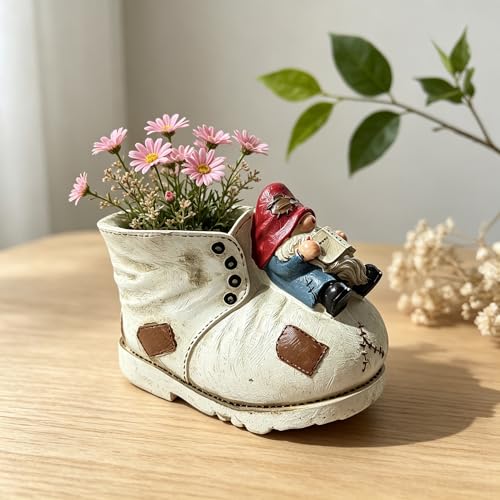 4 Inch Resin Plant Pots with Drainage Holes - Cute Funny Gnome Boot Succulent Planter, Unique Whimsical Flower Pot for Indoor Outdoor Home Garden Desk, Creative Gift for Plant Lovers - color: A02-gnome Boot