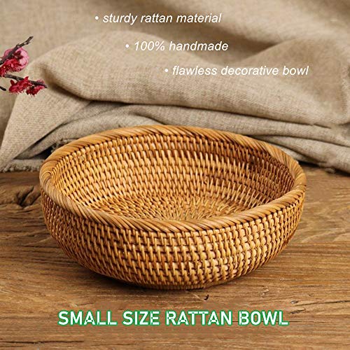 Hadewoven Round Rattan Fruit Basket Wicker Food Tray Weaving Storage Holder Dining Room Bowl, 8 Inch Small Bread Baskets Tray for Serving with Deep Wall, Brown (Small 7.48”) - size: Small 7.48"