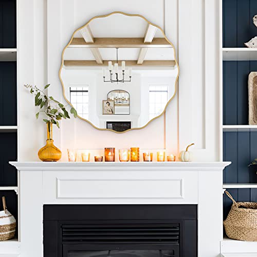 20" Gold Scalloped Mirror,Round Wavy Edge Mirror,Circle Wood Vanity Mirror