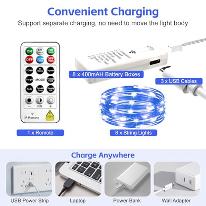 8 Pack Rechargeable LED Fairy Lights 7Ft 20LED Battery Operated - color: Blue