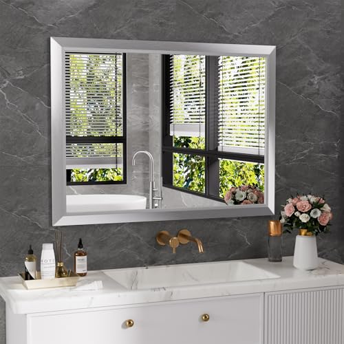 Amorho Bathroom Mirror for Wall 40x30 Inch, Brushed Silver Metal Framed - color: Silver, size: 40"L x 30"W