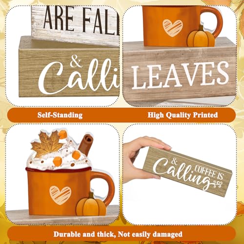 Lineshading 4 Pcs Fall Coffee Table Decor Wooden Pumpkin Latte Block Signs - style: Cow Home Eucalyptus