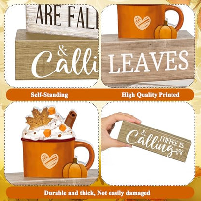 Lineshading 4 Pcs Fall Coffee Table Decor Wooden Pumpkin Latte Block Signs - style: Cow Home Eucalyptus