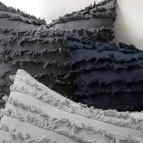MIULEE Boho Linen Striped Throw Pillow Covers 18x18, Navy Blue - color: Navy Blue, size: 18" x 18" (Pack of 2)