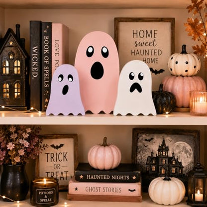 3 Pack Pink Halloween Ghost Decor, Wooden Tabletop Decorations for Home