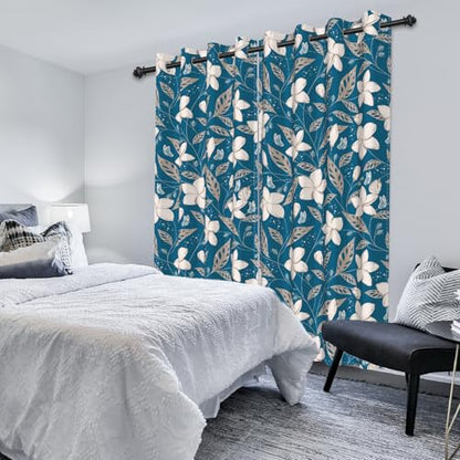 Teal Blue Patterned Blackout Curtains for Bedroom, 84 Inches Long 2 Panels - color: Floral in Teal Cloth