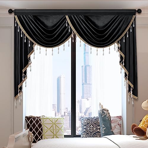 ELKCA Luxury Black Velvet Curtain Valances for Living Room with Beads(59inch,1 Panel) - color: Black, size: 59"W x 43"L (Pack of 1)