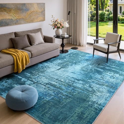 Merelax 4x6 Blue Washable Area Rug Non-Slip Faux Wool Abstract Carpet - color: Blue, size: 4' x 6'(48''x72'')