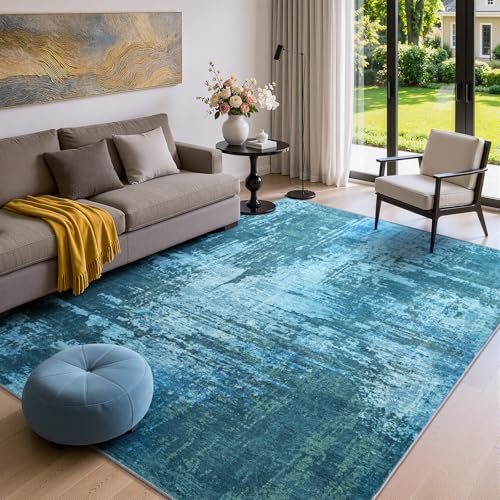 Merelax 4x6 Blue Washable Area Rug Non-Slip Faux Wool Abstract Carpet - color: Blue, size: 4' x 6'(48''x72'')