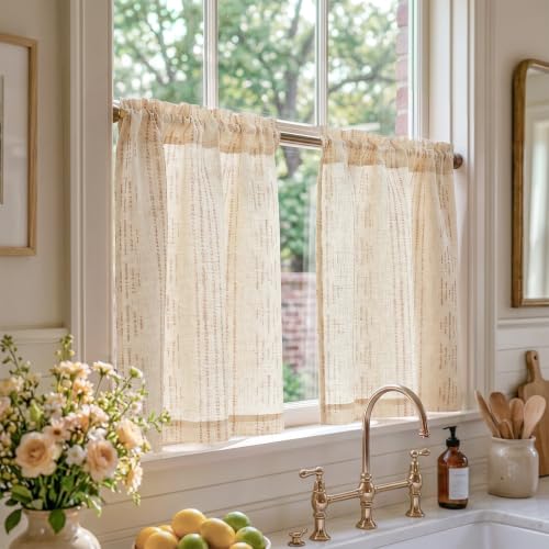 jinchan Linen Striped Tier Curtains for Kitchen Windows Boho - color: Boho Taupe | on Beige, size: 26"W x 24"L (Pack of 2)