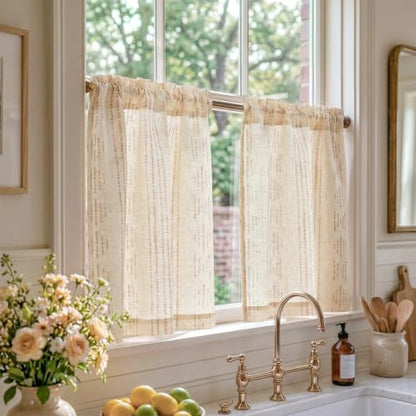 jinchan Linen Striped Tier Curtains for Kitchen Windows Boho - color: Boho Taupe | on Beige, size: 26"W x 24"L (Pack of 2)