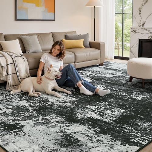 Merelax 8x10 Back Grey Washable Area Rug Non-Slip Faux Wool Abstract Rug - color: Black Grey, size: 8' x 10'(96''x120'')