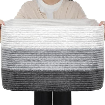 Optish 95L Large Woven Blanket Basket, Storage Basket with Handles, Grey - color: White & Grey, size: 24" x 17" x 13.5"(95L)