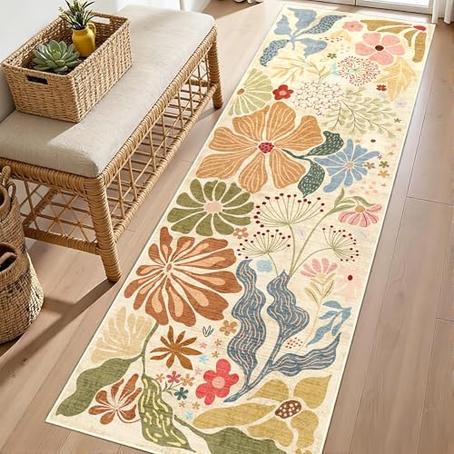 MUJOO Washable 2x6 Runner Rugs Floral Area Rugs Non Slip Low-Pile Beige - color: Beige, size: 2' x 6' (Rectangular)