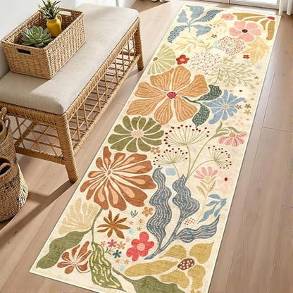 MUJOO Washable 2x6 Runner Rugs Floral Area Rugs Non Slip Low-Pile Beige - color: Beige, size: 2' x 6' (Rectangular)