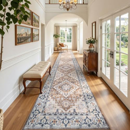 Lofus 2'6" x 14' Hallway Kitchen Washable Runner Rug, Long Carpet Brown - color: Floral Brown, size: 2'6 x 14' (Runner)