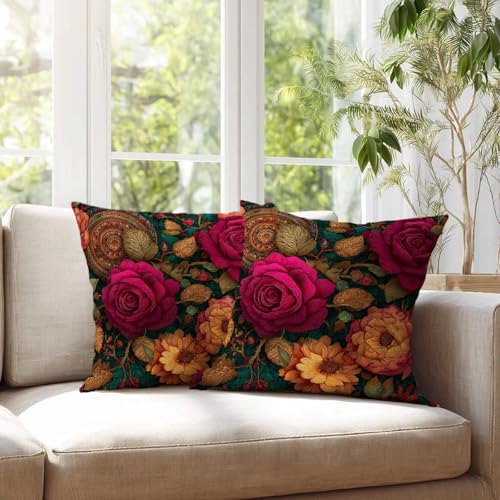 Burgundy Teal Boho Floral Throw Pillow Covers 18x18 Set of 2, Rose Medallion Decorative Cushion Covers, Vintage Botanical Pillow Cases for Couch Sofa Bedroom Living Room Decor - color: Boho Rose