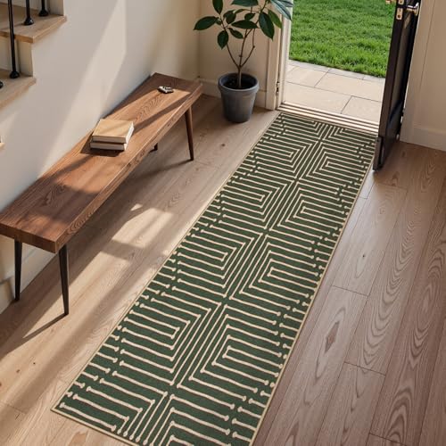 Lahome Maze Line Green Kitchen Runner Rug, 2x8 Outdoor Easy Jute Runner Rug - color: Dark Green Geometric, size: 2'6" x 8' (Runner)
