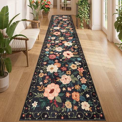 DUKINO 2.6x12 Kitchen Runner Rug, Floral Non Slip Long Washable Rug, Black - color: Black, size: 2'6" x 12' (Rectangular)