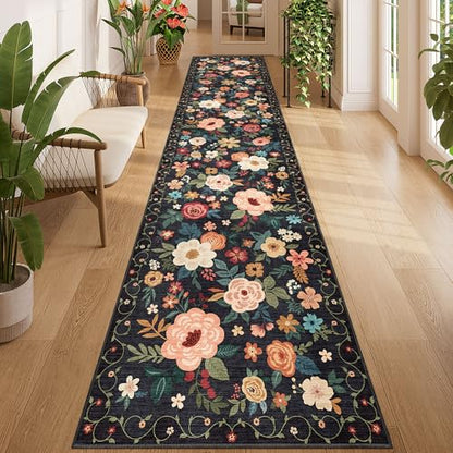 DUKINO 2.6x12 Kitchen Runner Rug, Floral Non Slip Long Washable Rug, Black - color: Black, size: 2'6" x 12' (Rectangular)