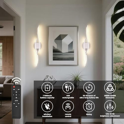 Battery Operated Wall Sconce, Silver LED Battery Wall Light dimming with Remote Control, 31.4Inch Rechargeable Chrome Wireless Wall Lights for Living Room, Bedroom, and Stairs Wall Sconces (2 Pack) - color: Chrome, size: 31.4 inch