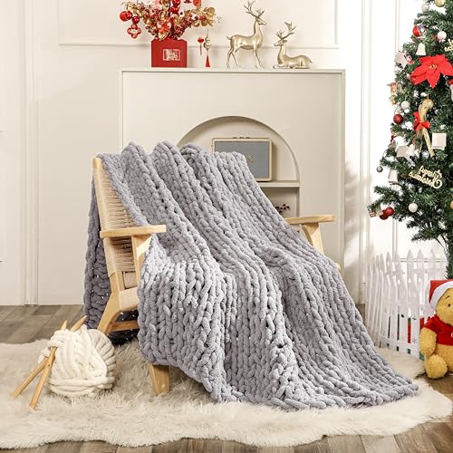 WESHIONGOO Chunky Knit Blanket Throw for Couch 51"×63" Light Grey - color: Light Grey, size: 51"x63"(Large Size Throw)
